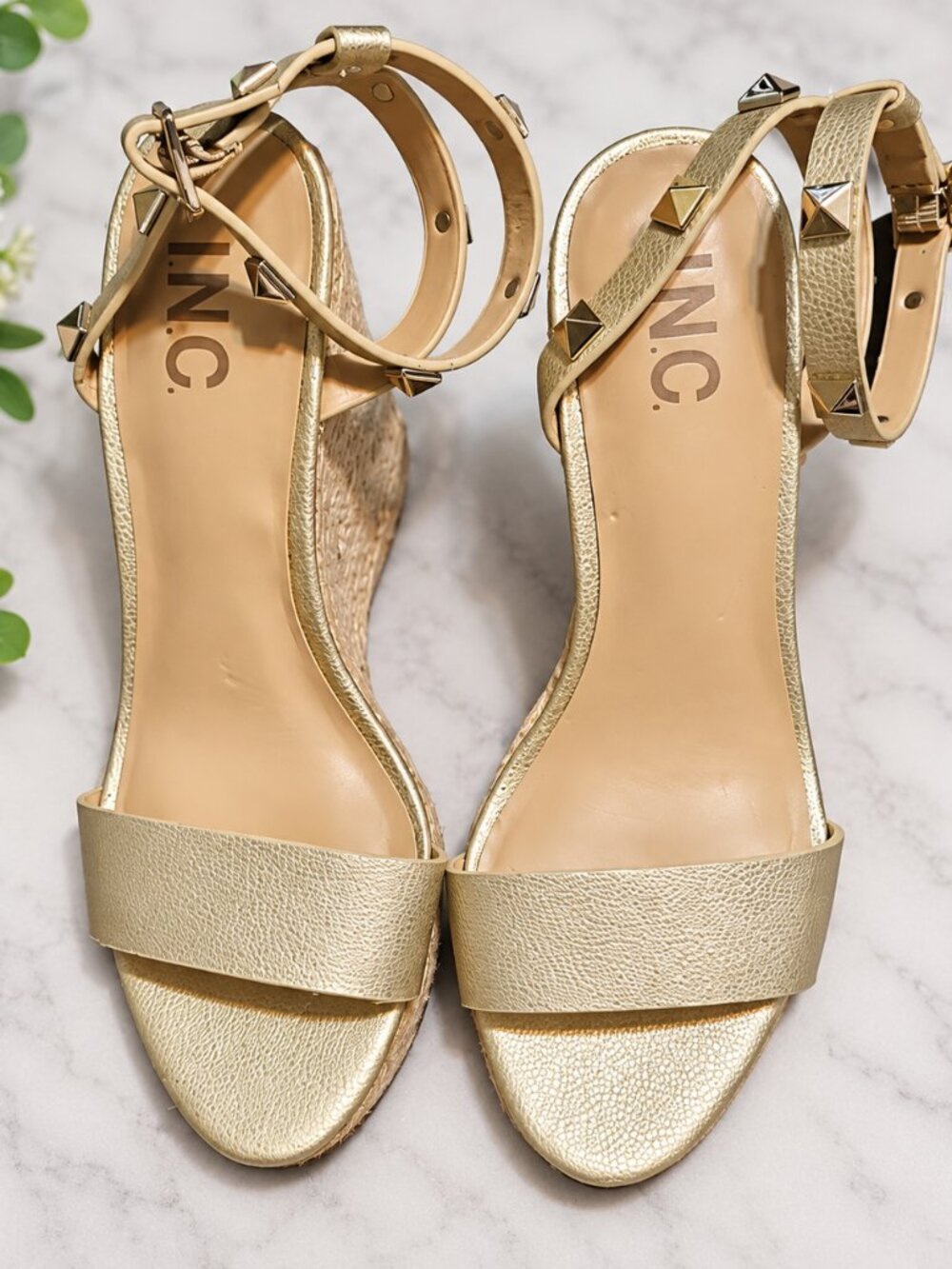 INC Metallic Gold Espadrille Wedge Sandals